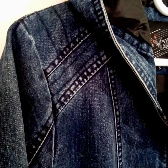 Oxygen Women's Hooded Long Moto Lined Denim Zip Up Jacket Pockets Small - Picture 9 of 14